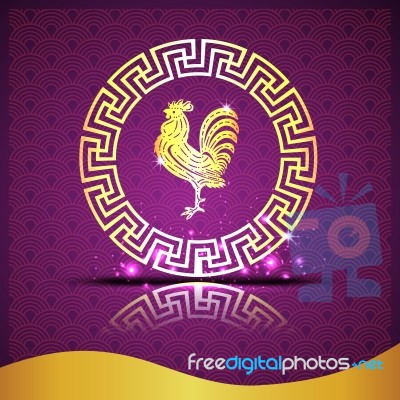The  Gold  Roosters In Chinese Circle On Purple Background And Shadow Stock Image
