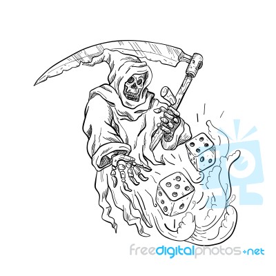 The Grim Reaper Rolling The Dice Drawing Black And White Stock Image