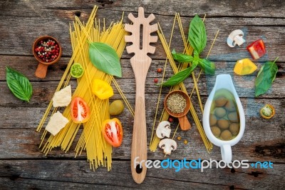 The Ingredients For Homemade Pasta Basil, Parmesan Cheese ,garli… Stock Photo