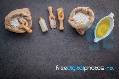 The Ingredients For Homemade Pizza Dough On Dark Stone Backgroun… Stock Photo