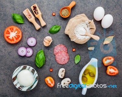 The Ingredients For Homemade Pizza On Dark Sthe Ingredients For Stock Photo The Ingredients For Homemade Pizza On Dark Sthe Ingredients For Stock Photo