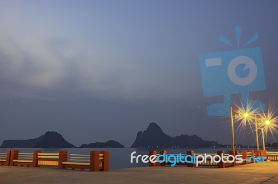 The Lights On The Bridge At Night Background Sea And Island At Prachuap Bay In Thailand Stock Photo