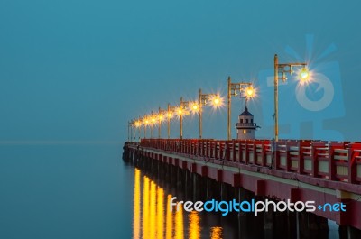 The Lights On The Bridge At Night Background Sea At Prachuap Bay In Thailand Stock Photo