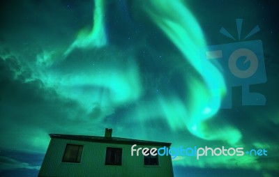 The Northern Light And Abandoned House Stock Photo
