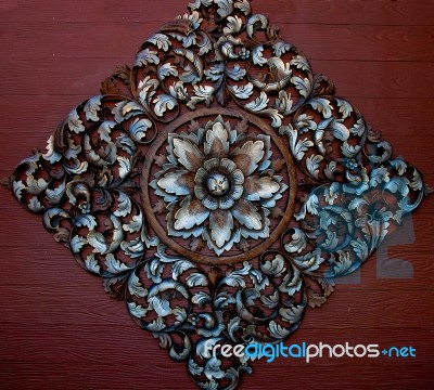 The Old Carving Wood Ornament Of Flower Pattern Thai Style Stock Photo