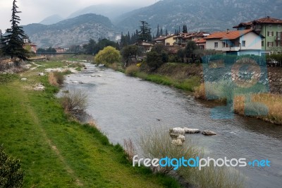 The River Sarca Flowing Through Arco Trentino Italy Stock Photo