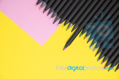 The Top Views Of Black Colour Pencils Coloured In  Multi-colour Stock Photo