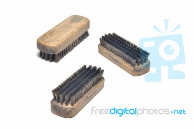 Three Brown Shoe Brush In Different Position Stock Photo