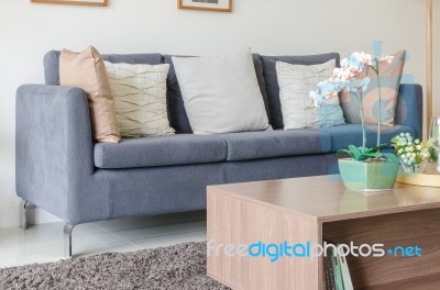 Three Of Pillows On Dark Blue Sofa In Modern Living Room Stock Photo