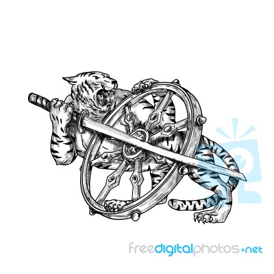 Tiger With Katana And Dharma Wheel Tattoo Stock Image