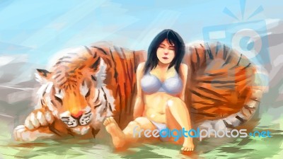Tiger Woman Painting Sexy Stock Image