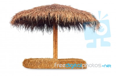 Tiki Hut Sun Umbrella, Bar Beach Hut With Straw Chair Stock Photo