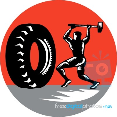 Tire Sledgehammer Workout Woodcut Stock Image