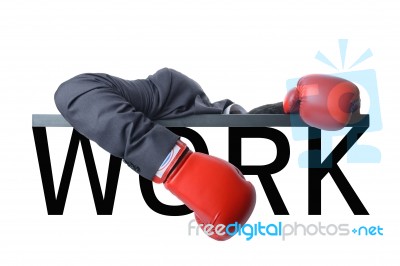 Tired Businessman With Boxing Glove After Fight With Hard Work Stock Photo