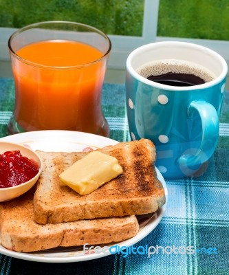 Toasts And Jam Represents Black Coffee And Breaks Stock Photo