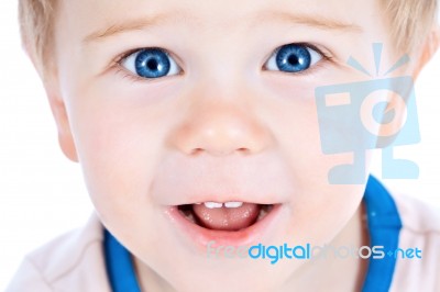 Toddler Blond And Blue Eyes Boy Child With Various Facial Expres… Stock Photo