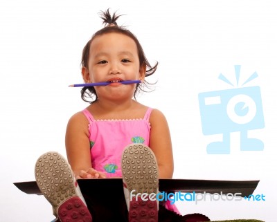 Toddler Siting With Board Stock Photo