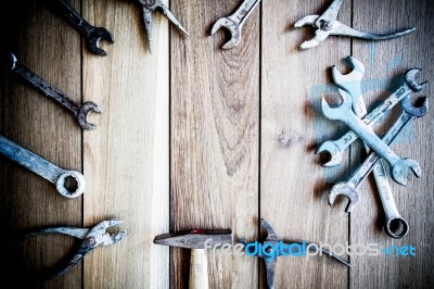 Tool Renovation On Brown Wood Background Stock Photo