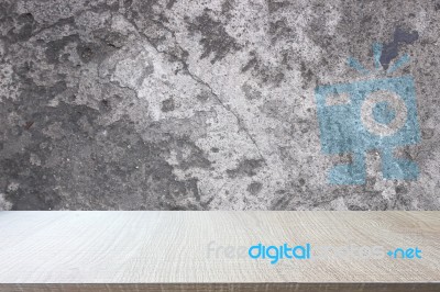 Top Of Wood Table On Old Concrete Wall Background Stock Photo
