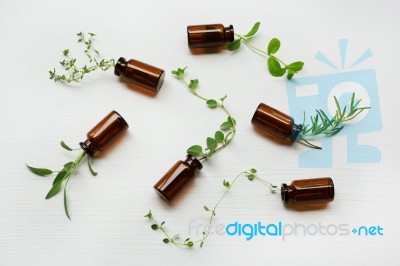 Top View, Bottle Of Essential Oil With Herbs Stock Photo