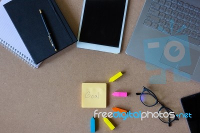 Top View Laptop On Desk. Working Space Concept Stock Photo