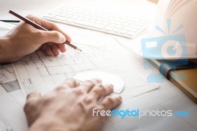 Top View Of Architect Drawing On Architectural Project,projectin… Stock Photo