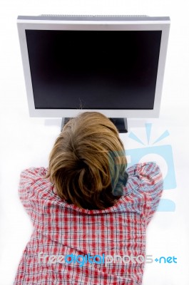 Top View Of Boy Looking Tv Stock Photo