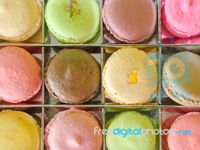 Top View Of Macaron In Box Stock Photo