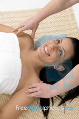 Top View Of Smiling Woman Taking Massage Stock Photo
