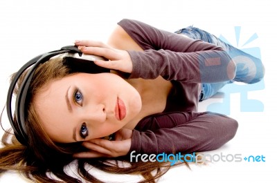 Top View Of Woman Holding Headphone Stock Photo