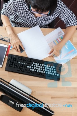 Top View Of Working Woman Computing Table In Office Life Theme Stock Photo