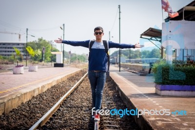 Tourists Man Are Enjoying The Train Station Stock Photo