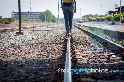 Tourists Man Are Enjoying The Train Station Stock Photo