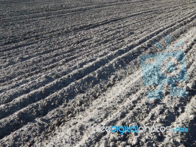 Tractor Plowed Field And Arable Land Stock Photo