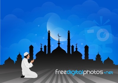 Traditional Clothes Muslim Man Making A Supplication (salah) While Standing On A Praying Rug Against The Backdrop Of The Mosque. Illustration Stock Image