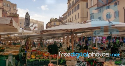 Traditional Outdoor Food Market Of Campo De Fiori In Rome Stock Photo