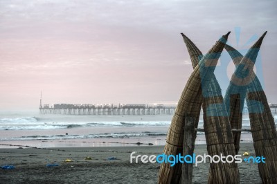 Traditional Peruvian Small Reed Boats Stock Photo