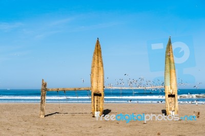 Traditional Peruvian Small Reed Boats (caballitos De Totora), St… Stock Photo