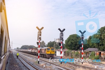 Train And Railway Track On Steel Bridge Railway Junction Stock Photo