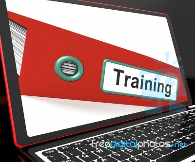 Training File On Laptop Shows Coaching Stock Image