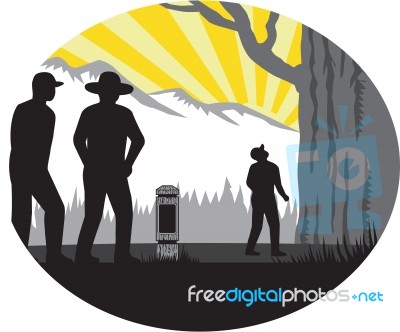 Trampers Mile Marker Giant Tree Oval Woodcut Stock Image