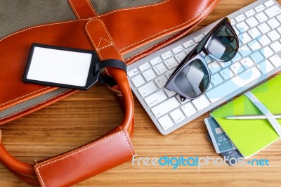 Travel Booking And Planning Concept With Blank Bag Tag Stock Photo