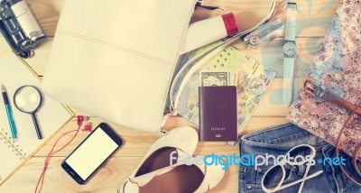 Travel Concept On Wooden Table Stock Photo