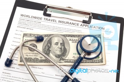 Travel Health Insurance Application With Money Stock Photo