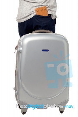 Traveler With Passport And Suitcase Stock Photo