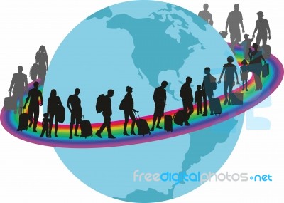 Travelers - Migrantson On Rainbow Around The Earth Stock Image