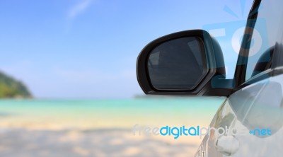 Traveling Car On Bright Beach Stock Photo
