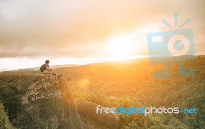 Traveling Woman Relaxing Trekking On Rock Cliff Use For People Leisure Lifestyle Stock Photo
