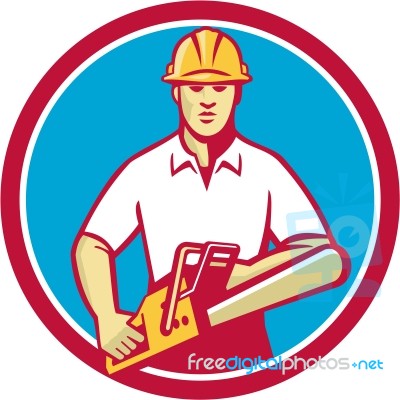 Tree Surgeon Holding Chainsaw Circle Retro Stock Image