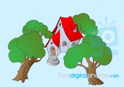 Trees Near A Small Fairy Tale House. Isolated Stock Image